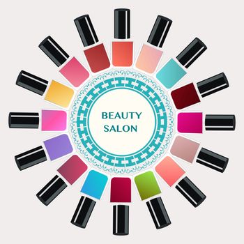 Vector  Set of colorful nail polish bottles. Nails art beauty salon background - Illustration