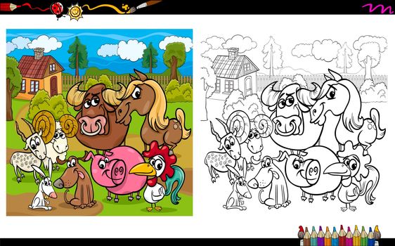 Cartoon Illustration of Farm Animal Characters Coloring Book Activity