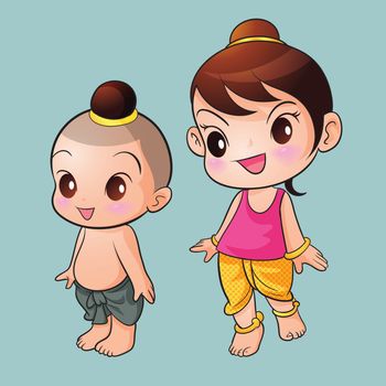 Traditional Thai Children character standing.children with Thai costume,illustration of isolated cute boy and girl in Thai traditional dress greeting.Thai kids in traditional costume.