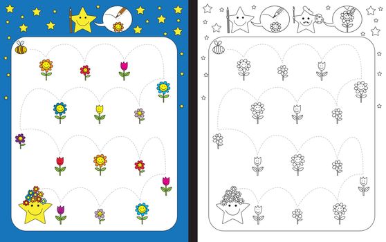 Preschool worksheet for practicing fine motor skills - tracing dashed lines - bee flying from flower to flower