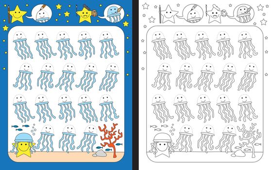 Preschool worksheet for practicing fine motor skills - tracing dashed lines - finishing jellyfishes 