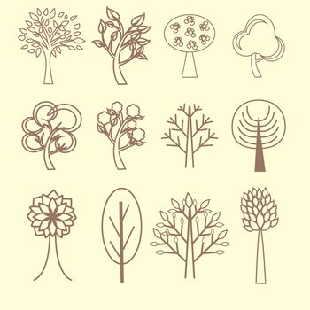 Vector collection of flat outlined tree icons - Illustration
