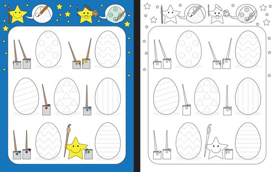 Preschool worksheet for practicing fine motor skills - tracing dashed lines - finishing Easter eggs