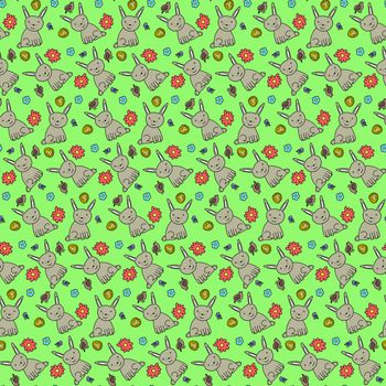 Cute seamless pattern with colorful rabbits, birds and flowers on green background