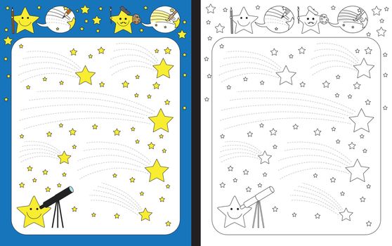 Preschool worksheet for practicing fine motor skills - tracing dashed lines - trails of shooting stars