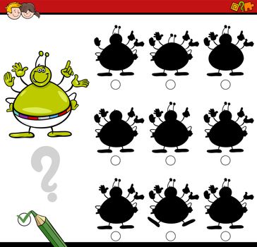 Cartoon Illustration of Find the Shadow without Differences Educational Activity for Children with Alien Fantasy Character