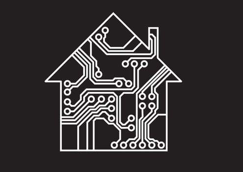 Simple smart household illustration, white and black vector, printed circuit board pattern, Internet of things illustration, usable as infographic element of connectivity, interconnection, system solution