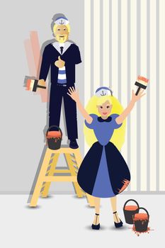 Repairs. Brush and roller for paint. Painting and restoration. Painting works. a girl sailor and captain. Illustration for your design
