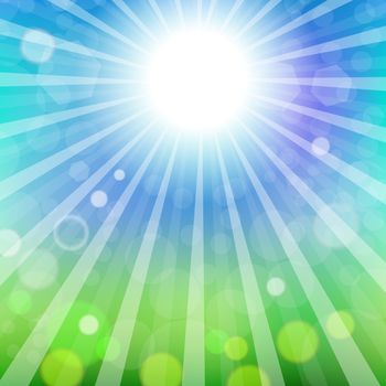 Abstract Sun Background. Blue Summer Pattern. Bright Background with Sunshine. SunBurst with Flare and Lens.