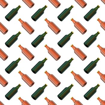 Brown Glass Beer Bottles Seamless Pattern on White Background.