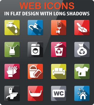 cleaning company icons set in flat design with long shadow