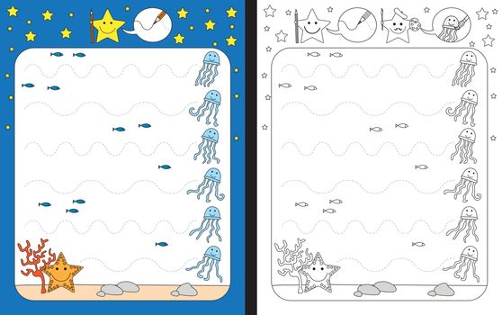 Preschool worksheet for practicing fine motor skills - tracing dashed lines of waves left by jellyfishes
