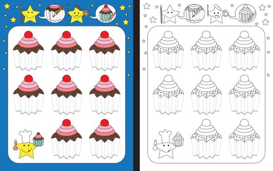 Preschool worksheet for practicing fine motor skills - tracing dashed lines - finis the cupcakes