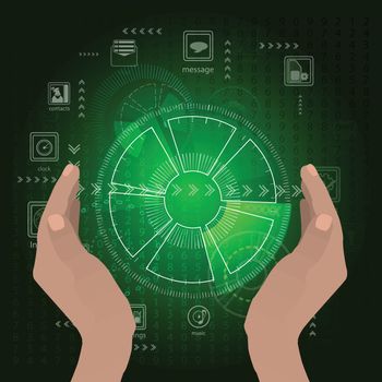 The concept of a network of wi-fi. Guard hands hold on a green background. Abstract light. Hi-tech internet. Vector illustration for your design