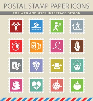 healthy lifestyle web icons on the postage stamps