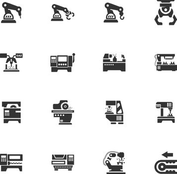 Vector machine tool icons set. Work and factory, production industrial technology, equipment construction illustration