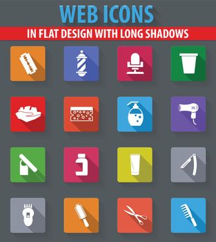 Set of hairdressing web icons in flat design with long shadows