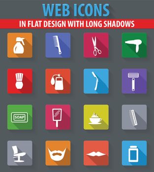 It is a set of barbershop web icons in flat design with long shadows