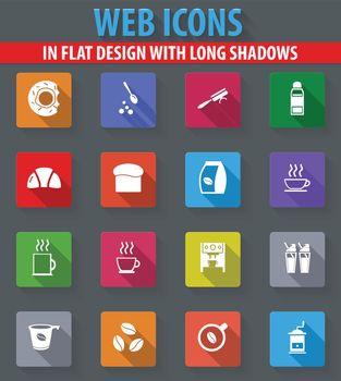 Cafe web icons in flat design with long shadows