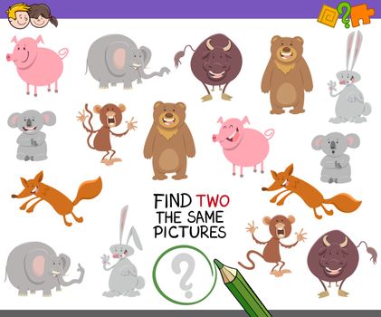 Cartoon Illustration of Finding Two Identical Pictures Educational Activity for Preschool Children