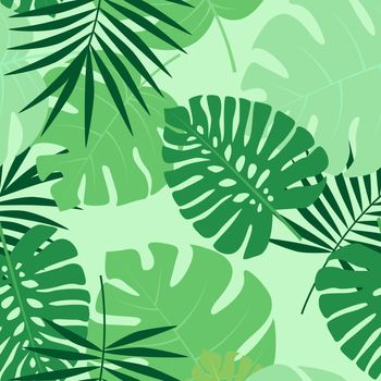Vector green illustration of palm leaves background. Exotic seamless pattern
