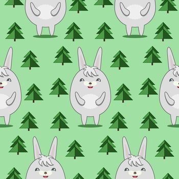 Seamless Pattern with Cute Rabbits in Firs Forrest