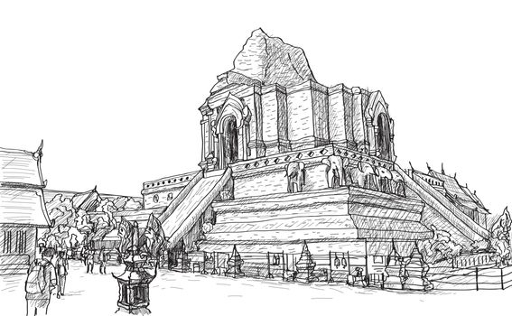 sketch old temple pagoda Wat-Ja-Dee-Luang in Thailand, Chiangmai, free hand draw vector illustration