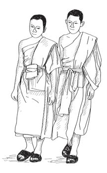 sketch of young buddhist monks walking on street in Thai, Chiangmai, free hand draw illustration vector