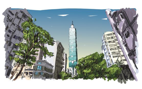 sketch of cityscape show urban street view in Taiwan, Taipei building, illustration vector