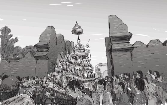 Sketch of cityscape in Thailand show traditional parade "Songkran Festival" at old wall, illustration vector