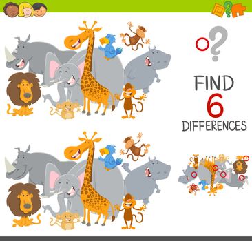 Cartoon Illustration of Finding the Differences Educational Game for Children with Safari Animals Characters