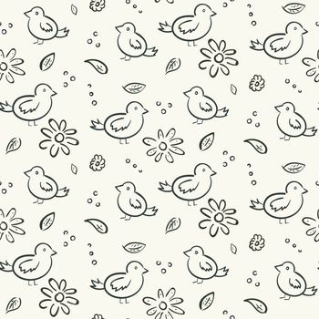 Outline seamless texture with cute hand drawn birds, flowers and leaves