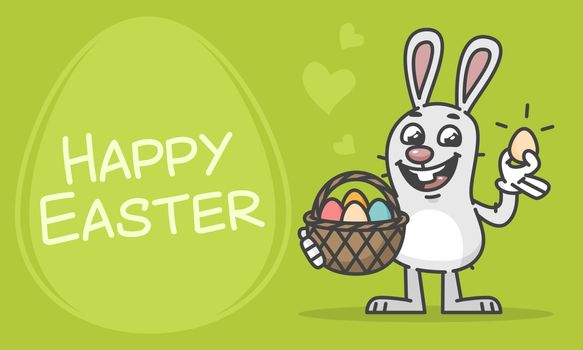 Composition Happy Easter Bunny Holding Basket and Egg. Vector Illustration. Mascot Character.