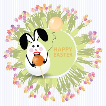 Easter cute illustration. Rabbit-egg with caramel in the shape of a circle-ball and with a balloon in hands, on a circle background with silhouette of people with gifts and with balloons