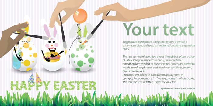 Easter illustration with place for text. Rabbit-eggs with an air balloon, a fast-food hamburger and soda in the hands, against a striped horizontally oriented leaf