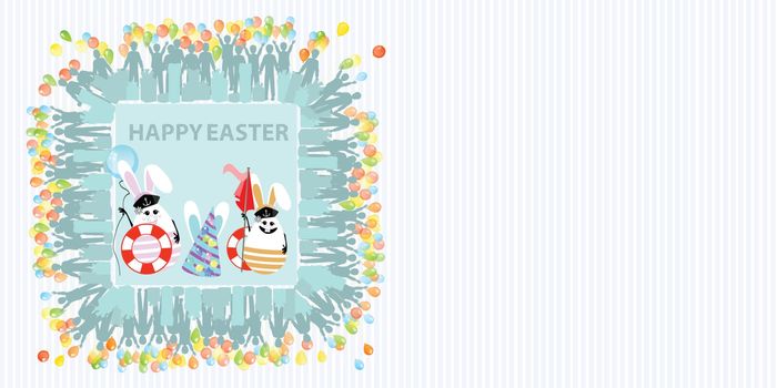 Easter illustration with place for text. Rabbits sailors with a balloon of air and lifebuoys in the hands, against the background of a striped horizontally oriented sheet and a square frame