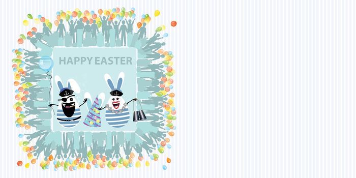 Easter illustration with place for text. Rabbits captain and sailors with a balloon of air and binoculars in the hands, against the background of a striped horizontally oriented sheet and a square frame