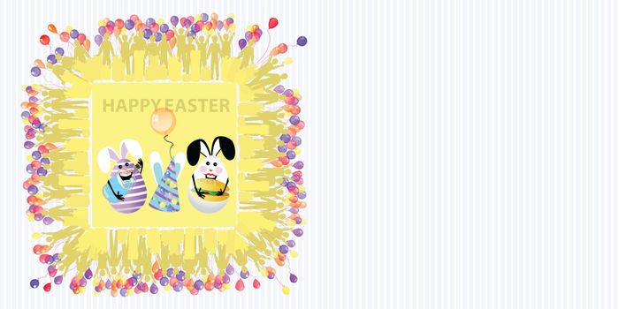 Easter illustration with place for text. Eggs with an air ball, buns and a cap on the background of a striped horizontally oriented sheet and a square frame