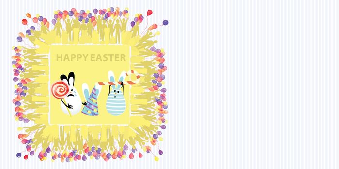 Easter illustration with place for text. Eggs with an air balloon, a candy spiral, a stick-shaped caramel and a cap on the background of a striped horizontally oriented sheet and a square frame