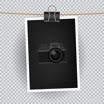 Paper vertical photo hang on the cord on transparent background. Empty exhibition of template to insert your photography. Camera symbol for default picture show