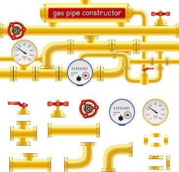 Yellow pipe set constructor isolated on white background. Industry pump measure device and tap collection. Design gas oil gasoline diesel fuel supply system. Pipeline project plan. Easy to edit