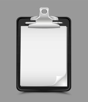 The black clipboard with shadow on gray background. Clear white sheets of paper