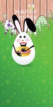 Easter vertical oriented illustration for your design with a place under your text. Cute easter bunny-egg with funny face on a green lawn grass. To hold a delicious fast food muffin