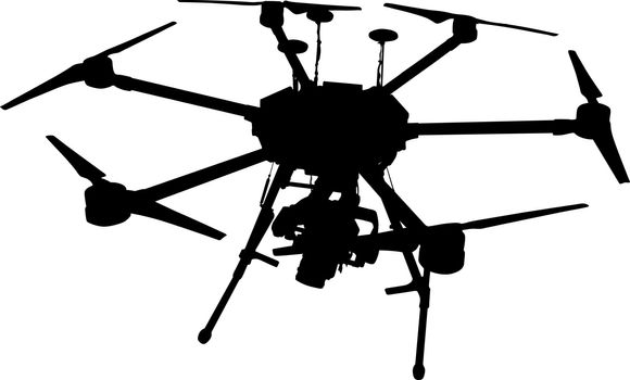 Black silhouette drone quadrocopter on white background.