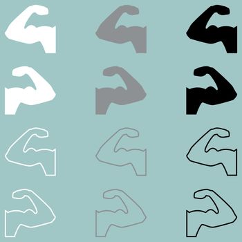 Strong hand bodybuilder flat and path icon set.