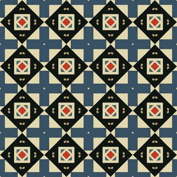 Seamless illustrated pattern made of abstract elements in beige, blue, red  and black