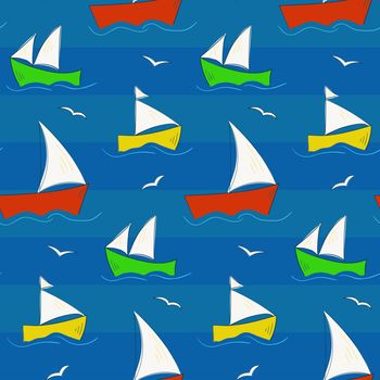 Cute childrens seamless hand drawn sailing-ship pattern with colorful ships