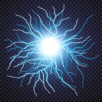 Lightning flash light thunder spark on transparent background. Vector ball lightning or electricity blast storm or thunderbolt in sky. Natural phenomenon of human nerve or neural cells system.