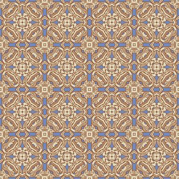 Seamless illustrated pattern made of abstract elements in beige, dark red and blue