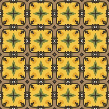Seamless illustrated pattern made of abstract elements in beige, brown, yellow, orange, green and black